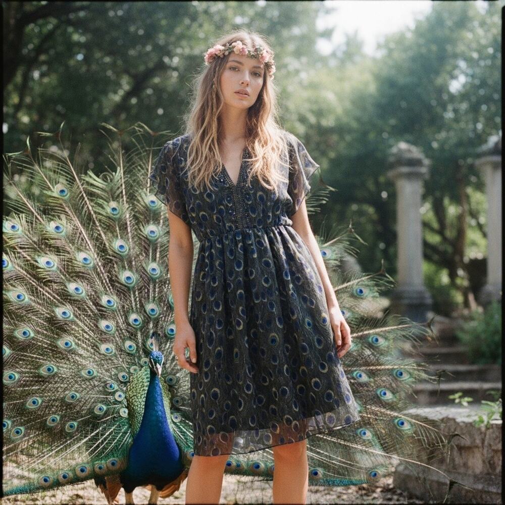As U Wish Dress Peacock Feather Inspired Split Sleeve Lined Design Size M